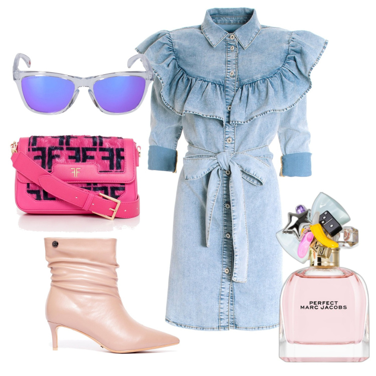 Outfit donna - Anni 80. Stile Rock per Tutti i giorni. Abbinamento con profumi, vestiti chemisier, borse a spalla, stivaletti, occhiali da sole.