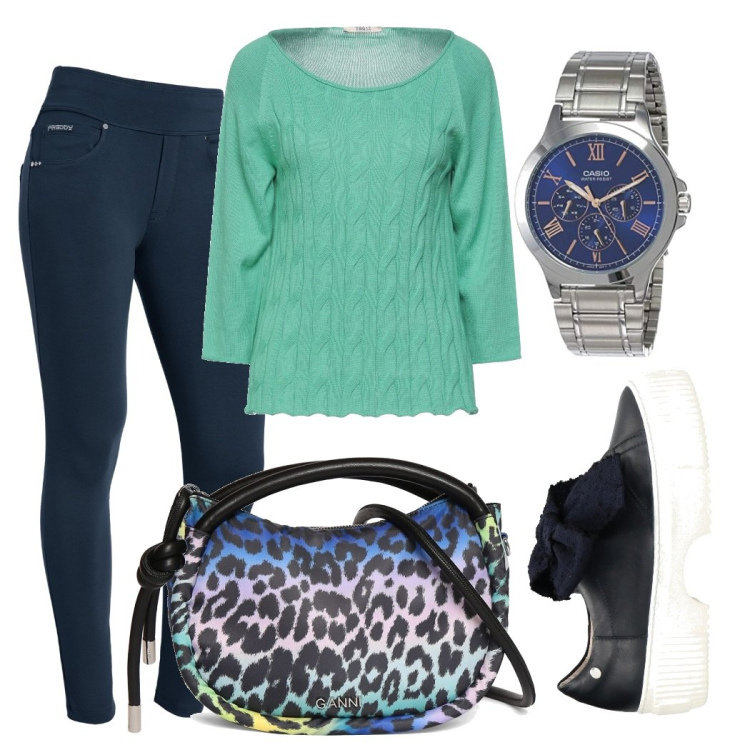 Outfit donna - Scuola. Stile Casual per Scuola/Università. Abbinamento con sneakers, pullovers, pantaloni skinny, orologi, borse a mano.