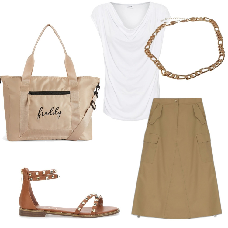 Outfit donna - Total look #1718692. Stile Trendy per Tutti i giorni. Abbinamento con maglieria, borse tote, gonne longuette, collane, sandali.