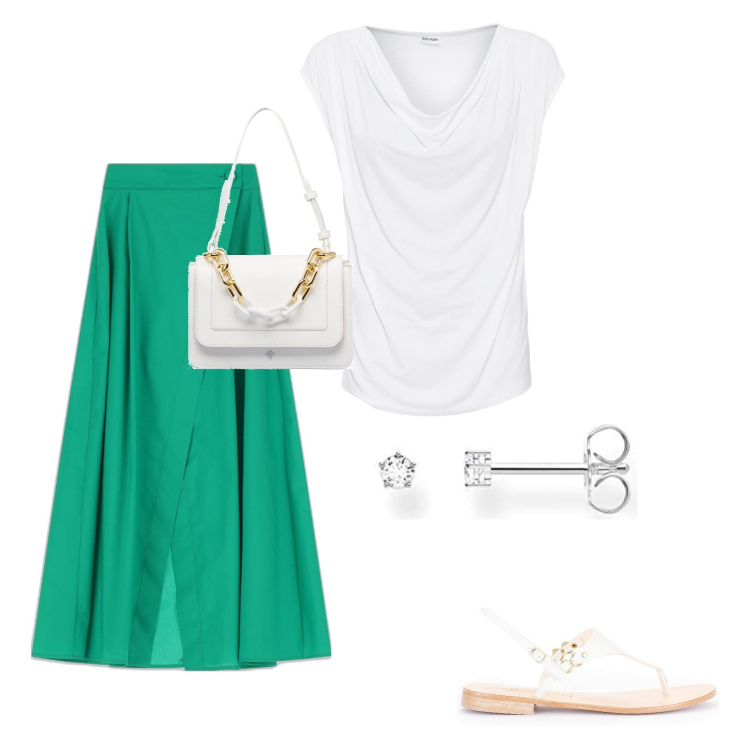Outfit donna - Passeggiata pomeridiana. Stile Casual chic per Tutti i giorni. Abbinamento con maglieria, infradito, gonne lunghe, borse a mano, orecchini.