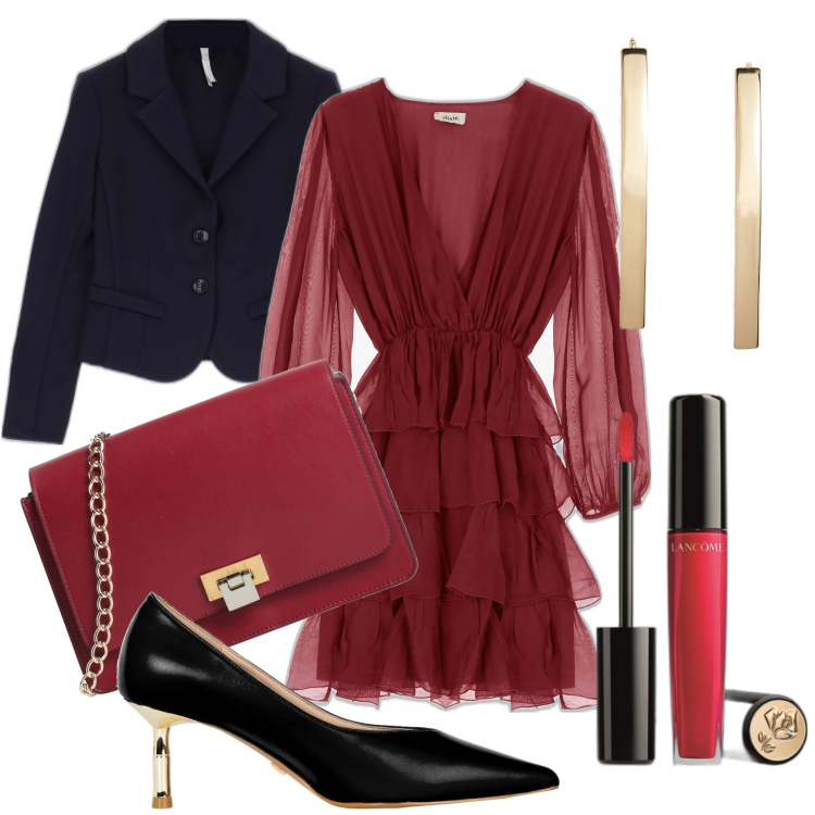 Outfit donna - Total look #1718702. Stile Chic per Serata fuori. Abbinamento con borse a tracolla, gloss, décolleté, cappotti, vestiti corti, orecchini.