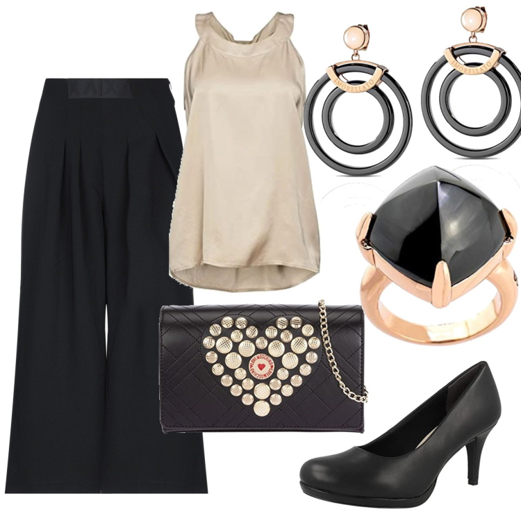 Outfit mujer - Velada especial. Estilo Glamour para Noche/Fiesta elegante. Combinación con blusas, bandoleras, anillos, salones, pendientes, pantalones.
