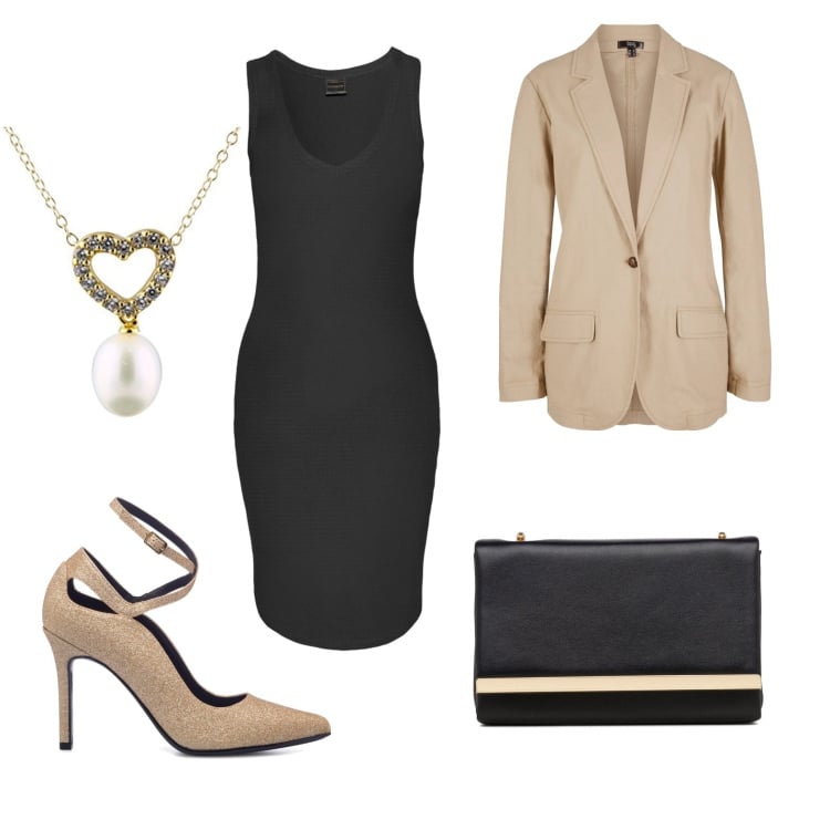 Outfit donna - Un tocco glam (veg ok). Stile Chic per Serata fuori. Abbinamento con vestiti, blazer, décolleté, clutch, ciondoli.