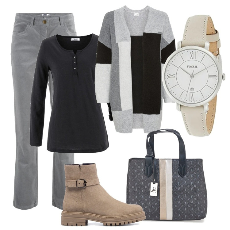 Outfit donna - Vado al corso. Stile Casual per Tutti i giorni. Abbinamento con pantaloni, cardigans, cardigans, stivaletti, borse a mano, orologi.