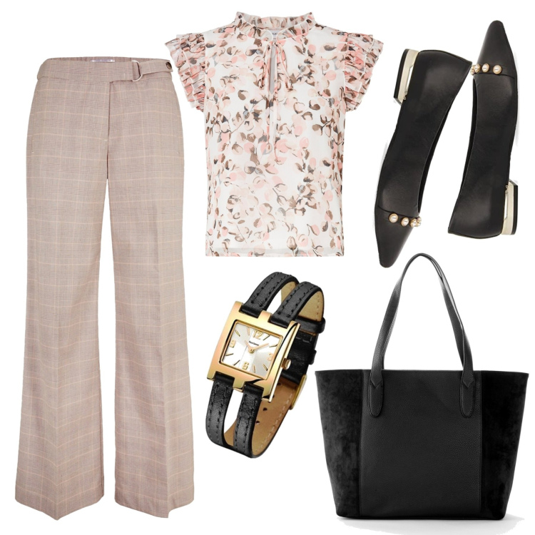 Outfit mujer - Vuelta a la oficina. Estilo Romántica para Oficina. Combinación con bailarinas, relojes analógicos, blusas, bolso shopper, pantalones.