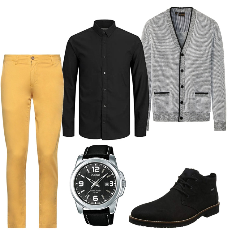 Outfit hombre - Un look otoñal. Estilo Trendy para Noche especial. Combinación con botas, camisas, relojes analógicos, cárdigans, pantalones.