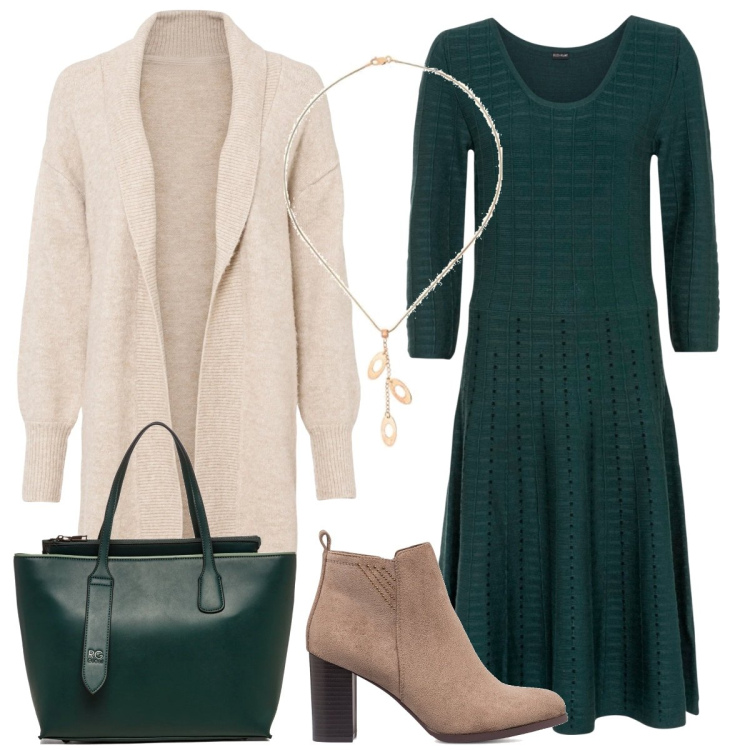 Outfit donna - In verde. Stile Boho per Tutti i giorni. Abbinamento con vestiti, cardigans, borse a spalla, stivaletti, ciondoli.