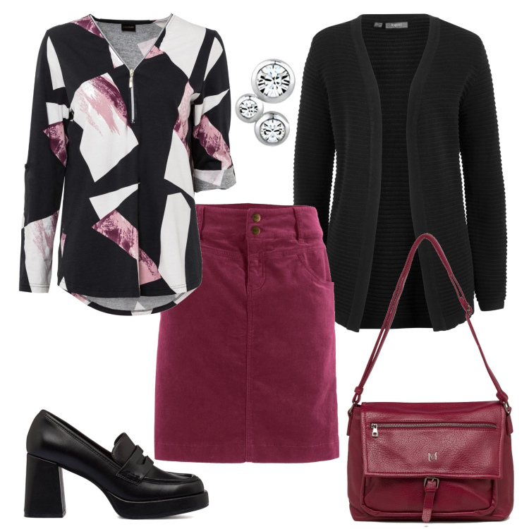 Outfit donna - Curvy in autunno, shopping time. Stile Basic per Tutti i giorni. Abbinamento con gonne lunghe, maglieria, cardigans, mocassini, borse a tracolla, orecchini.