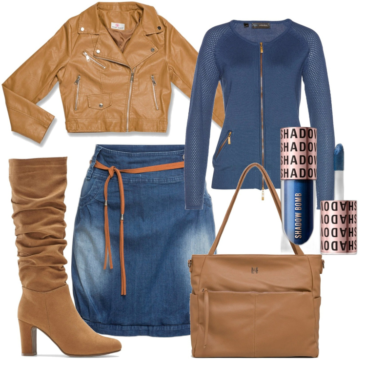Outfit donna - blu e caramello. Stile Trendy per Tutti i giorni. Abbinamento con minigonne, cardigans, stivali, ombretti, cappotti, borse a tracolla.
