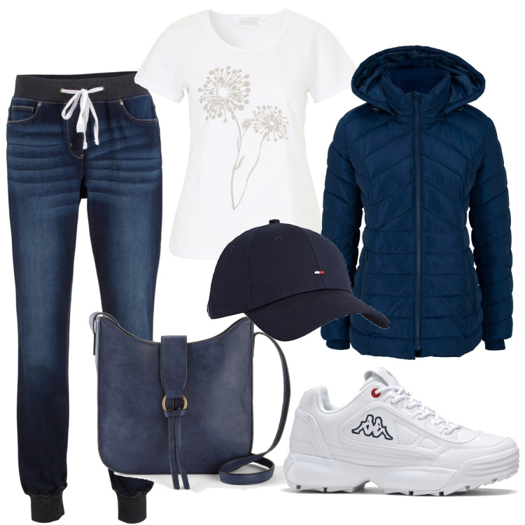 Outfit donna - sporty blue e bianco. Stile Sporty chic per Tutti i giorni. Abbinamento con giacche, jeans boyfriend, t-shirt, sneakers, borse a tracolla, cappelli con visiera.
