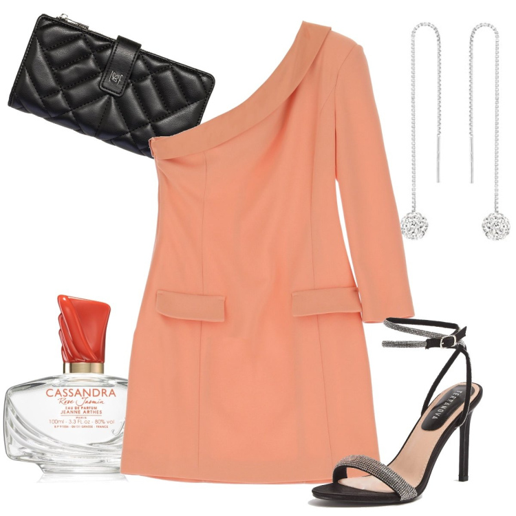 Outfit donna - L’abito monospalla. Stile Chic per Cerimonia. Abbinamento con profumi, sandali col tacco, vestiti corti, portafogli, orecchini.
