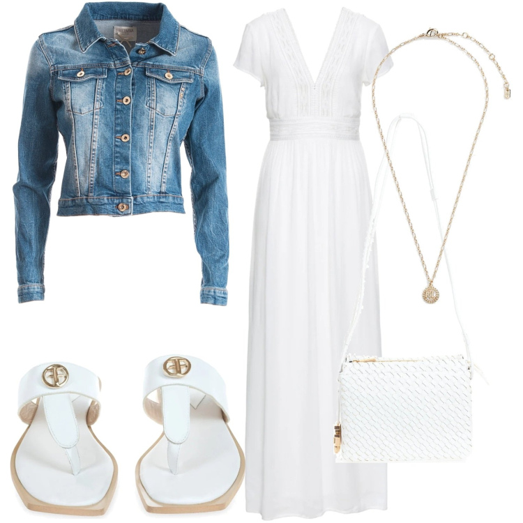 Outfit donna - romantica fine estate. Stile Romantica per Tutti i giorni. Abbinamento con vestiti lunghi, infradito, blazer, borse a tracolla, collane.