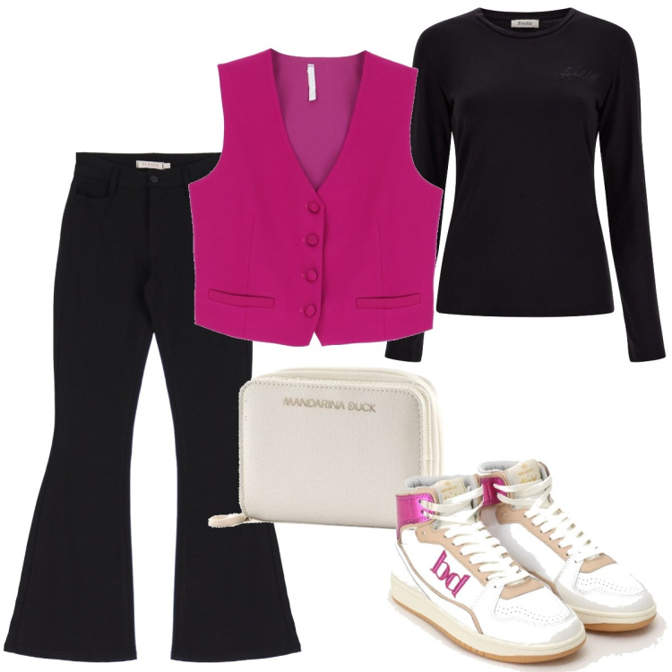 Outfit donna - Il gilet con le sneakers. Stile Urban per Tutti i giorni. Abbinamento con pantaloni, gilet, sneakers alte, t-shirt, portafogli.