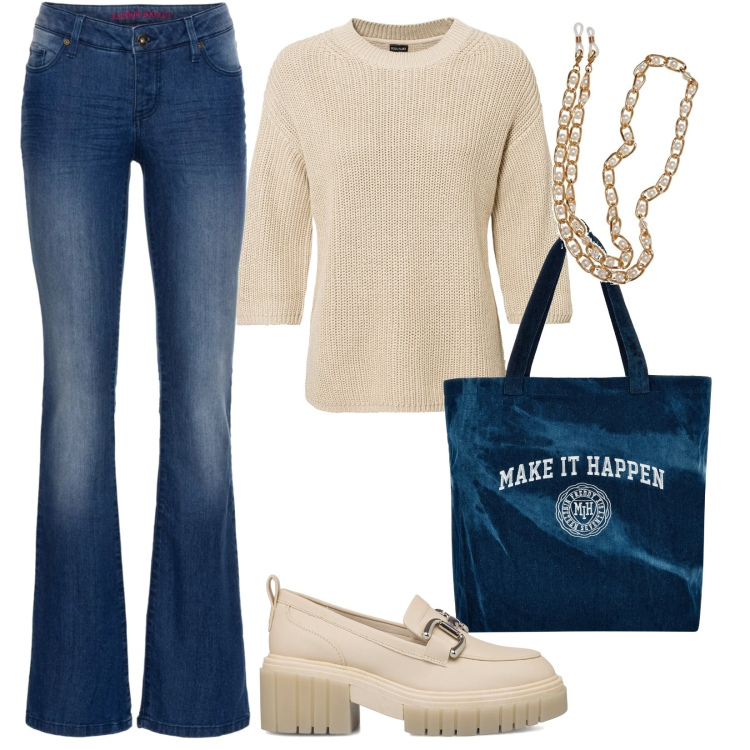 Outfit donna - curvy basic. Stile Basic per Tutti i giorni. Abbinamento con jeans bootcut, maglieria, shopping bag, mocassini, collane.