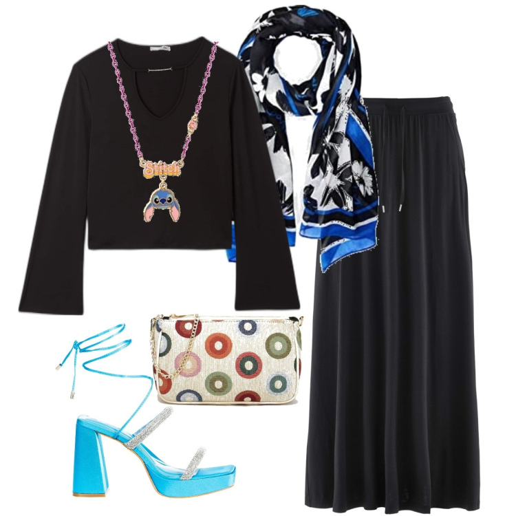 Outfit donna - Total look #1718901. Stile Casual chic per Tutti i giorni. Abbinamento con gonne, t-shirt, sandali alla schiava, pochette, sciarpe, collane.