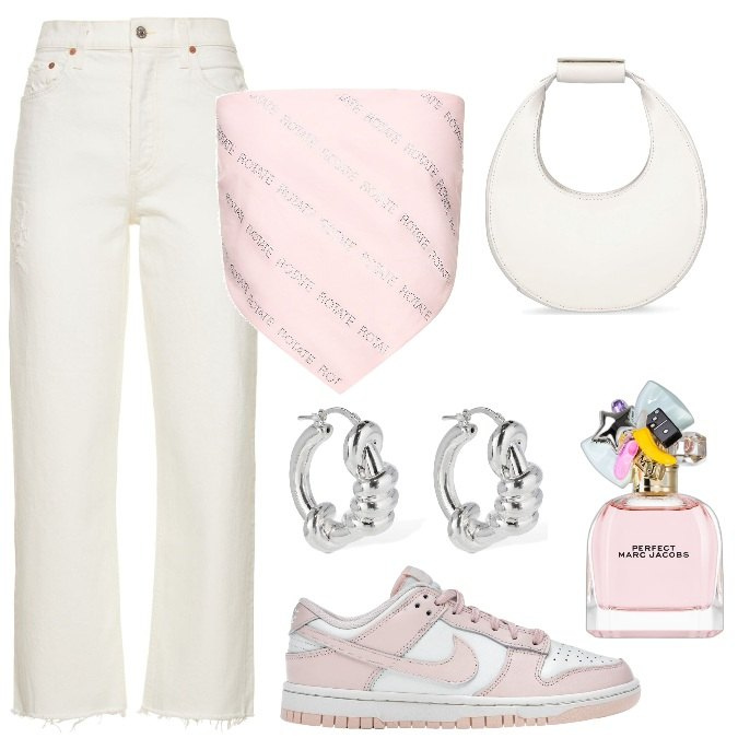 Outfit donna - Total look #1718915. Stile Trendy per Tutti i giorni. Abbinamento con sneakers, profumi, jeans dritti, top, borse a mano, orecchini.