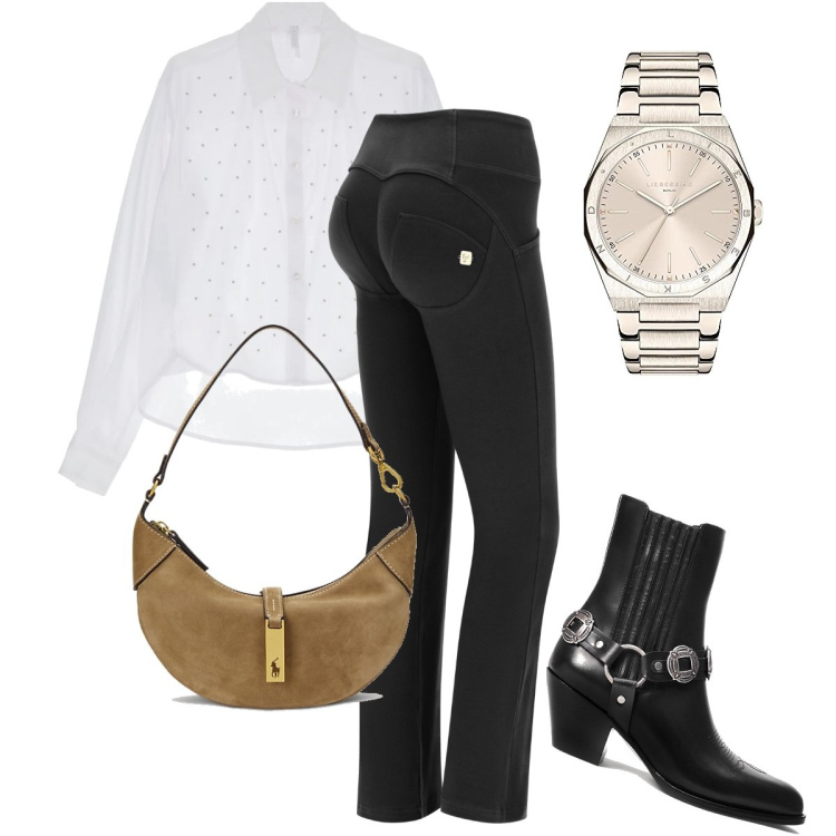 Outfit donna - Push up con la camicia. Stile Casual chic per Tutti i giorni. Abbinamento con camicie, pantaloni capri, borse a spalla, stivaletti texani, orologi.