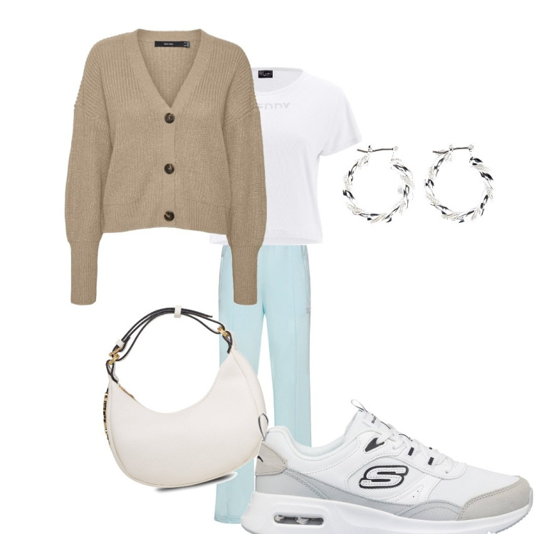 Outfit donna - casual. Stile Casual chic per Tutti i giorni. Abbinamento con orecchini, t-shirt, cardigans, borse a mano, sneakers, pantaloni.