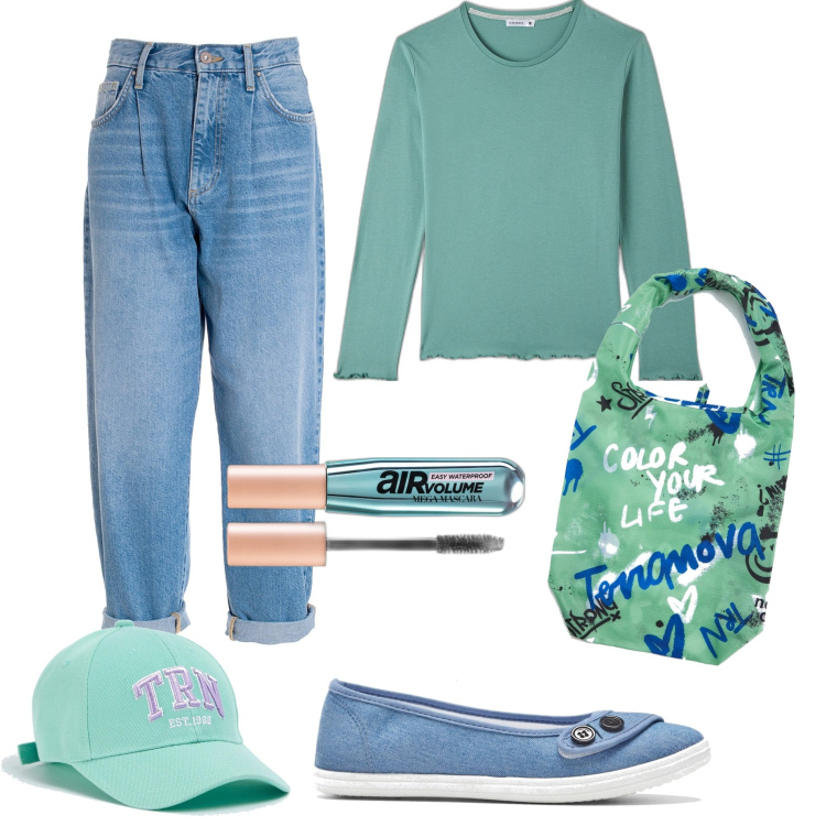 Outfit donna - La shopping bag. Stile Trendy per Tutti i giorni. Abbinamento con ballerine, mascara, t-shirt, cappelli, shopping bag, jeans.