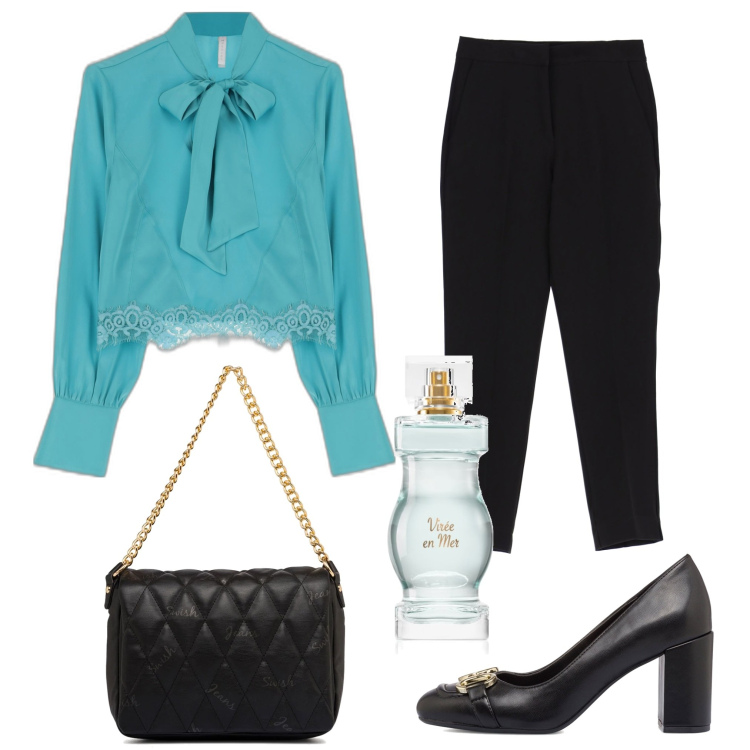 Outfit donna - Riunione. Stile Bon Ton per Ufficio. Abbinamento con profumi, camicie, pantaloni capri, borse a tracolla, décolleté.