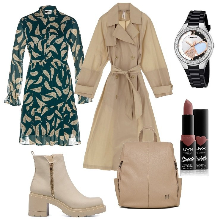 Outfit donna - Total look #1718958. Stile Basic per Ufficio. Abbinamento con vestiti, rossetti, trench, stivaletti, zaini, orologi analogici.