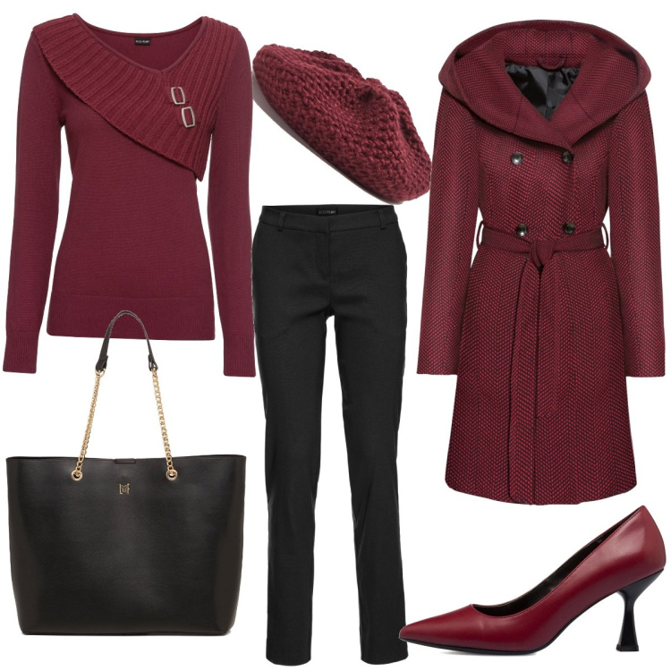 Outfit donna - Rosso e Nero. Stile Trendy per Serata fuori. Abbinamento con maglieria, cappotti, pantaloni, cappelli e berretti, décolleté, borse a spalla.