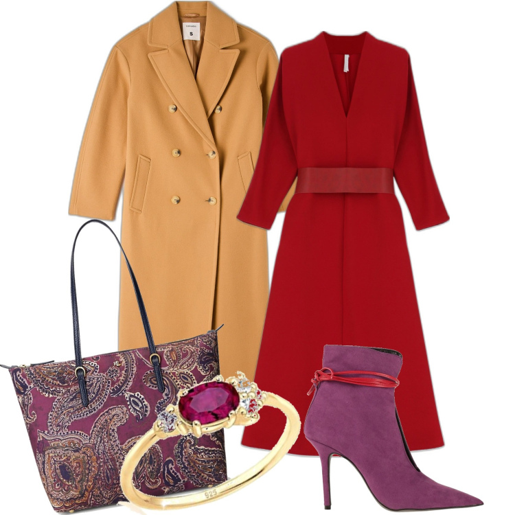 Outfit donna - Dal porpora al giallo. Stile Glamour per Tutti i giorni. Abbinamento con stivaletti, cappotti, vestiti midi/longuette, borse tote, anelli.