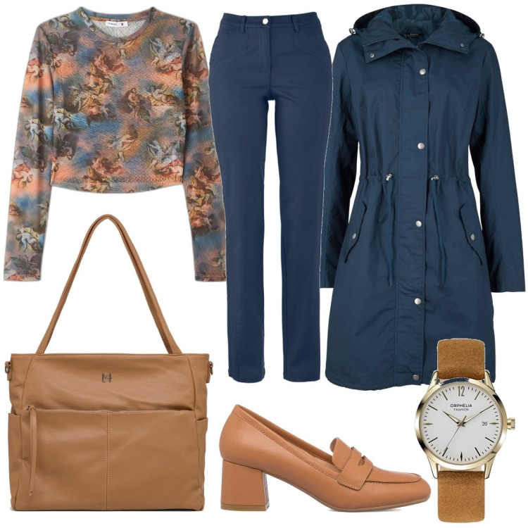 Outfit donna - Giornata Basic. Stile Basic per Ufficio. Abbinamento con parka, pantaloni, t-shirt, mocassini, borse a tracolla, orologi.