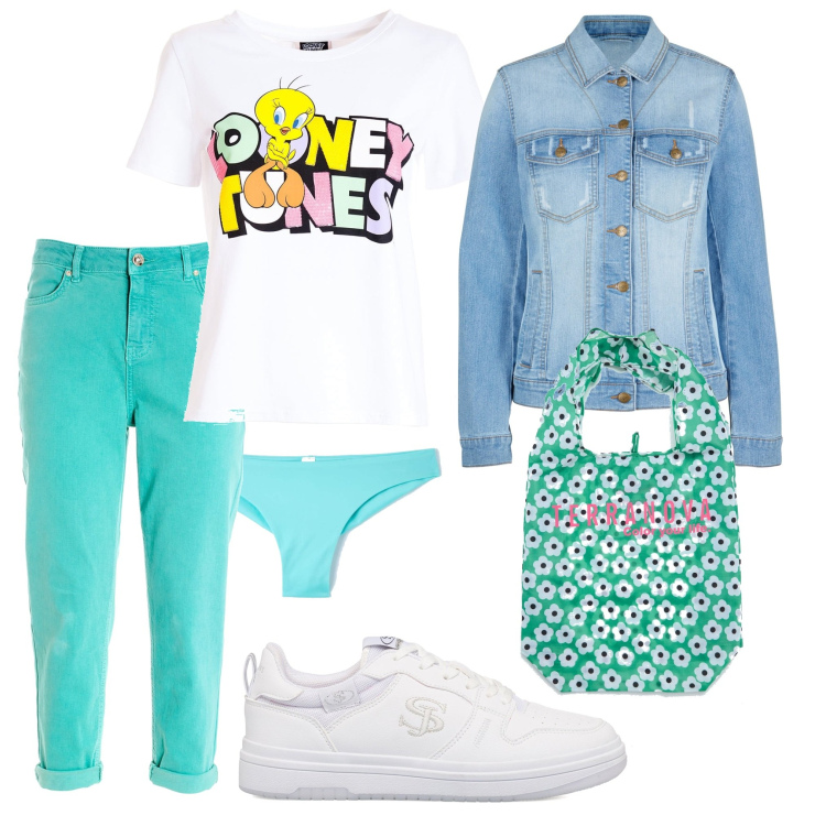 Outfit donna - Faccio la spesa. Stile Urban per Tutti i giorni. Abbinamento con blazer, shopping bag, slip, jeans boyfriend, t-shirt, sneakers.