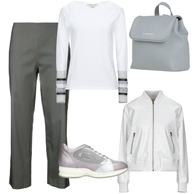 Outfit donna - Beige & Grey. Stile Sporty chic per Tutti i giorni. Abbinamento con giacche, zaini, pullovers, pantaloni capri, sneakers.