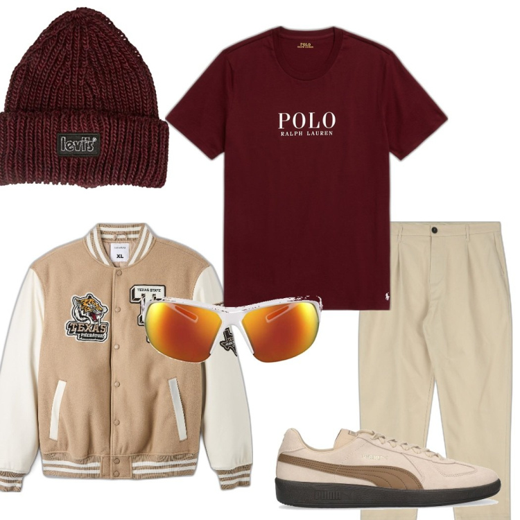 Outfit uomo - Sportivo e giovane. Stile Urban per Tutti i giorni. Abbinamento con bomber, pantaloni, t-shirt, occhiali da sole, sneakers, berretti.