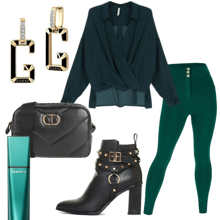 Outfit donna - Allure sexy. Stile Sexy per Serata fuori. Abbinamento con borse a tracolla, profumi, stivaletti, camicie, pantaloni skinny, orecchini.