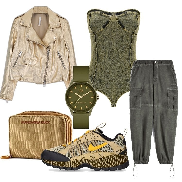 Outfit donna - No mezze misure. Stile Urban per Serata fuori. Abbinamento con giacche, pantaloni cargo, body, sneakers, orologi, portafogli.