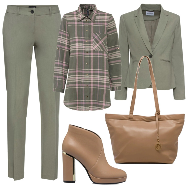 Outfit donna - Ispirazione autunnale. Stile Basic per Tutti i giorni. Abbinamento con pantaloni, blazer, camicie, stivaletti, borse a spalla.