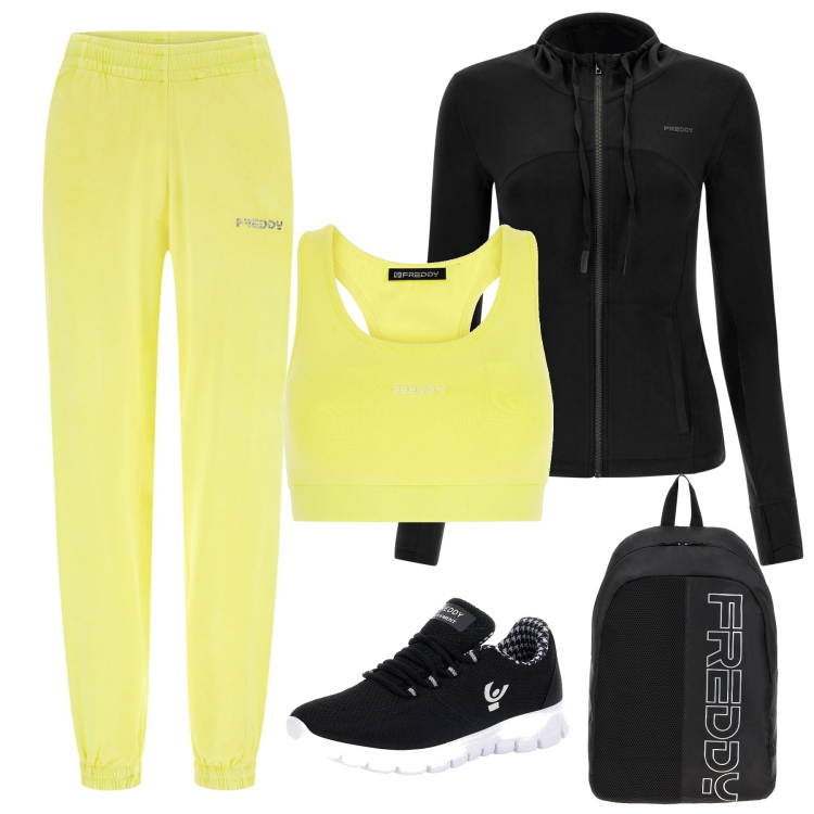 Outfit donna - In palestra in giallo e nero. Stile Sporty chic per Sport. Abbinamento con zaini, top sportivi, sneakers alte, pantaloni, felpe.