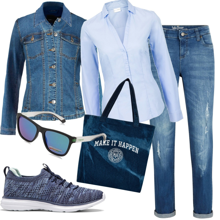 Outfit donna - Mese di settembre. Stile Casual per Tutti i giorni. Abbinamento con camicie, blazer, sneakers, jeans boyfriend, shopping bag, occhiali da sole.