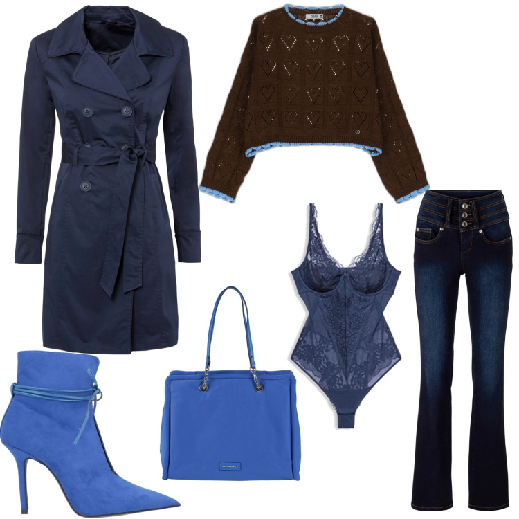 Outfit donna - Cuori traforati. Stile Casual per Ufficio. Abbinamento con jeans bootcut, trench, stivaletti, borse a spalla, maglieria, body.