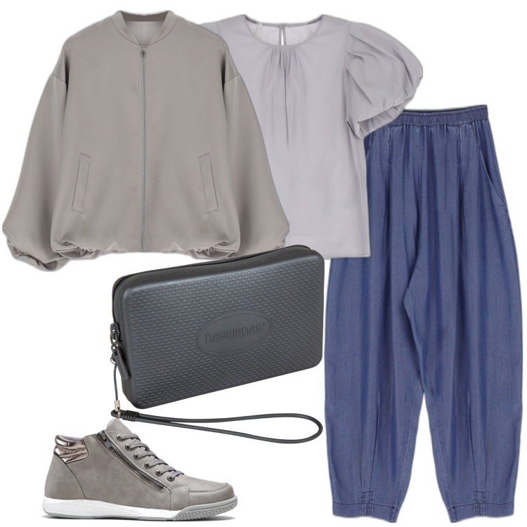 Outfit donna - Curvy. Stile Sporty chic per Tutti i giorni. Abbinamento con sneakers alte, t-shirt, pantaloni, giacche, pochette.