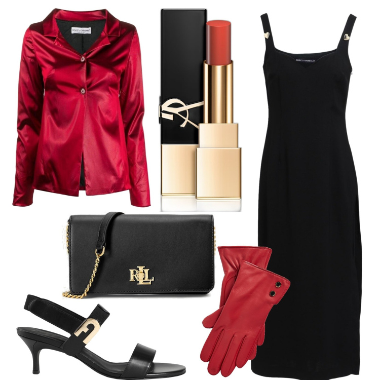 Outfit donna - Vera eleganza. Stile Bon Ton per Serata fuori. Abbinamento con rossetti, blazer, sandali in pelle, vestiti midi/longuette, borse a tracolla, guanti.