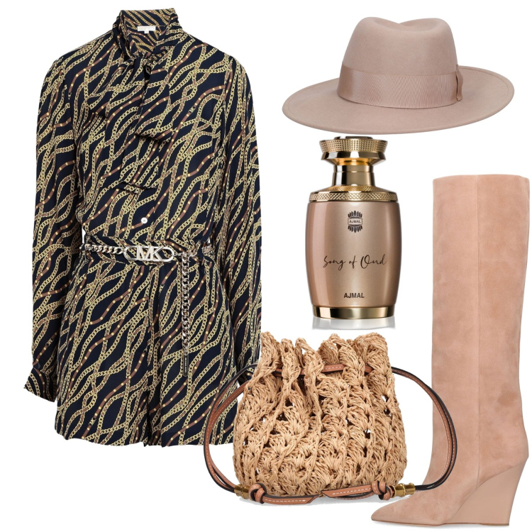 Outfit donna - Jumpsuit corto. Stile Trendy per Serata fuori. Abbinamento con tute, profumi, stivali, pochette, cappelli.