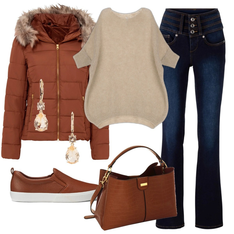 Outfit donna - Total look #1719140. Stile Casual per Tutti i giorni. Abbinamento con giacche, jeans bootcut, pullovers, sneakers, orecchini, borse a mano.