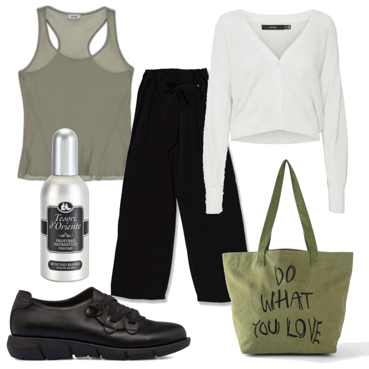 Outfit donna - Total look #1719151. Stile Urban per Tutti i giorni. Abbinamento con shopping bag, profumi, canottiere, mocassini, cardigans, pantaloni.