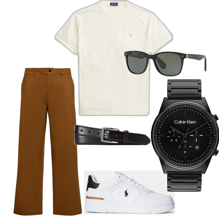 Outfit uomo - Ci sei per un caffè?. Stile Casual per Tutti i giorni. Abbinamento con t-shirt, sneakers, cinture, occhiali da sole, pantaloni chino, orologi analogici.