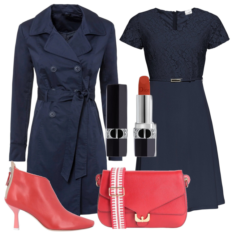 Outfit donna - Tocco di rosso autunnale. Stile Bon Ton per Ufficio. Abbinamento con trench, vestiti corti, stivaletti, borse a tracolla, rossetti.