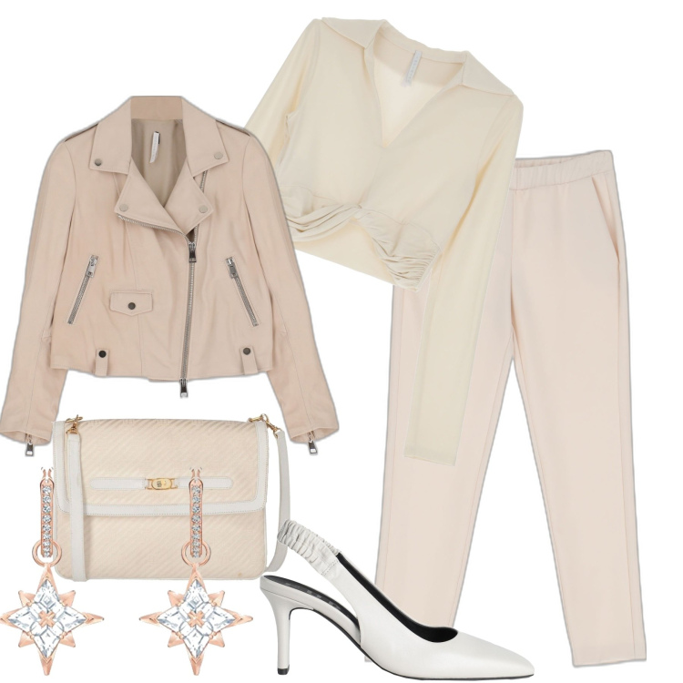 Outfit donna - Bianco e avorio. Stile Casual chic per Tutti i giorni. Abbinamento con décolleté, borse a tracolla, giacche, pantaloni, maglieria, orecchini.