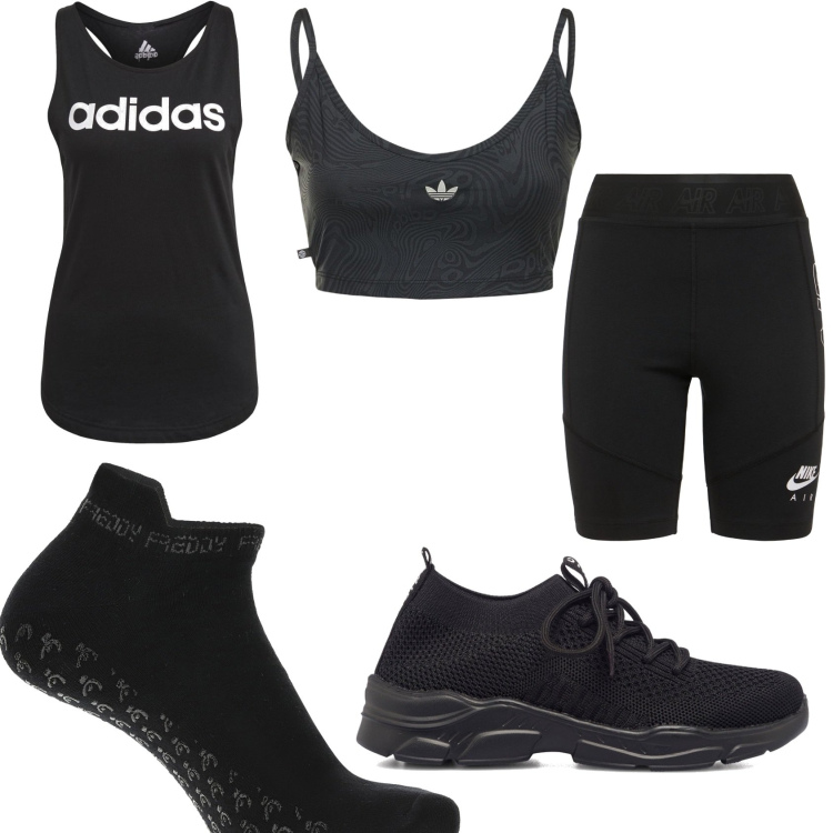 Outfit donna - Blackout sport. Stile Casual per Sport. Abbinamento con calzini, sneakers, canottiere, top, shorts.