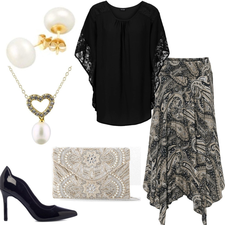 Outfit donna - Total look #1719216. Stile Chic per Serata fuori. Abbinamento con gonne longuette, pochette, bluse, décolleté, ciondoli, orecchini.