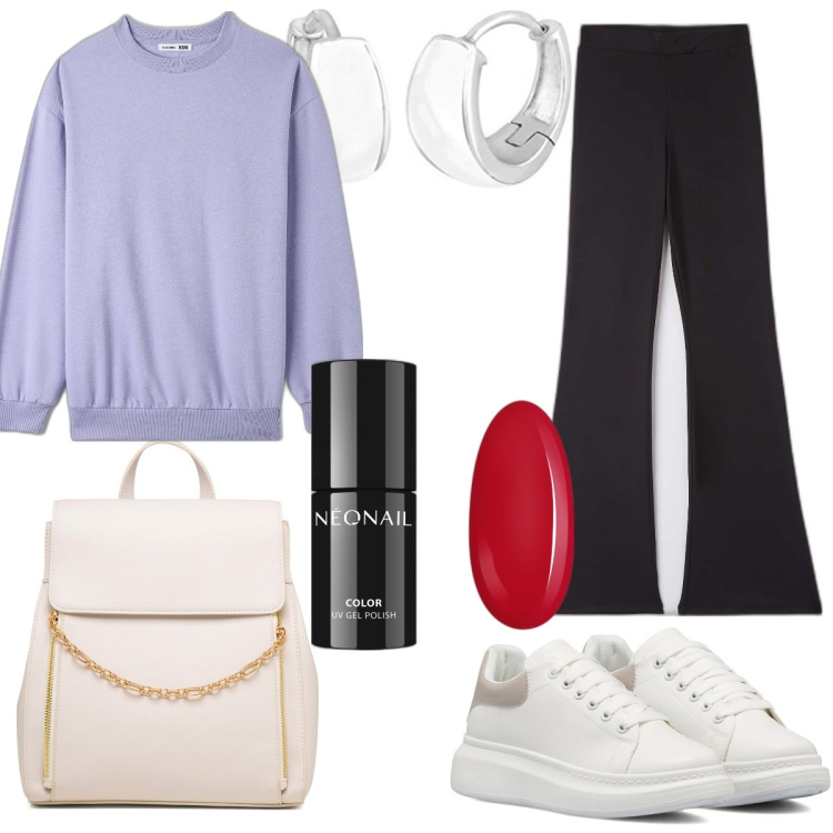 Outfit donna - Studying in a coffee shop in New York. Stile Casual chic per Tutti i giorni. Abbinamento con smalti, felpe, leggings, zaini, sneakers, orecchini.