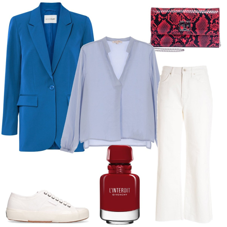 Outfit donna - Aperitivo a casa di amici. Stile Casual chic per Tutti i giorni. Abbinamento con blazer, profumi, camicie, pantaloni culotte, pochette, sneakers.
