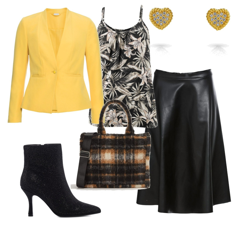 Outfit donna - Total look #1719255. Stile Chic per Serata fuori. Abbinamento con blazer, top, gonne, shopping bag, stivaletti, orecchini.